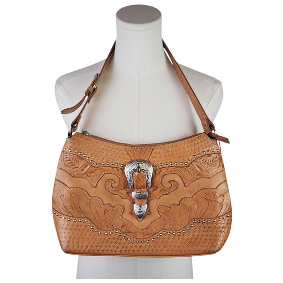American West Tooled Leather Western Shoulder Bag Studded Buckle Charm - Picture 1 of 13